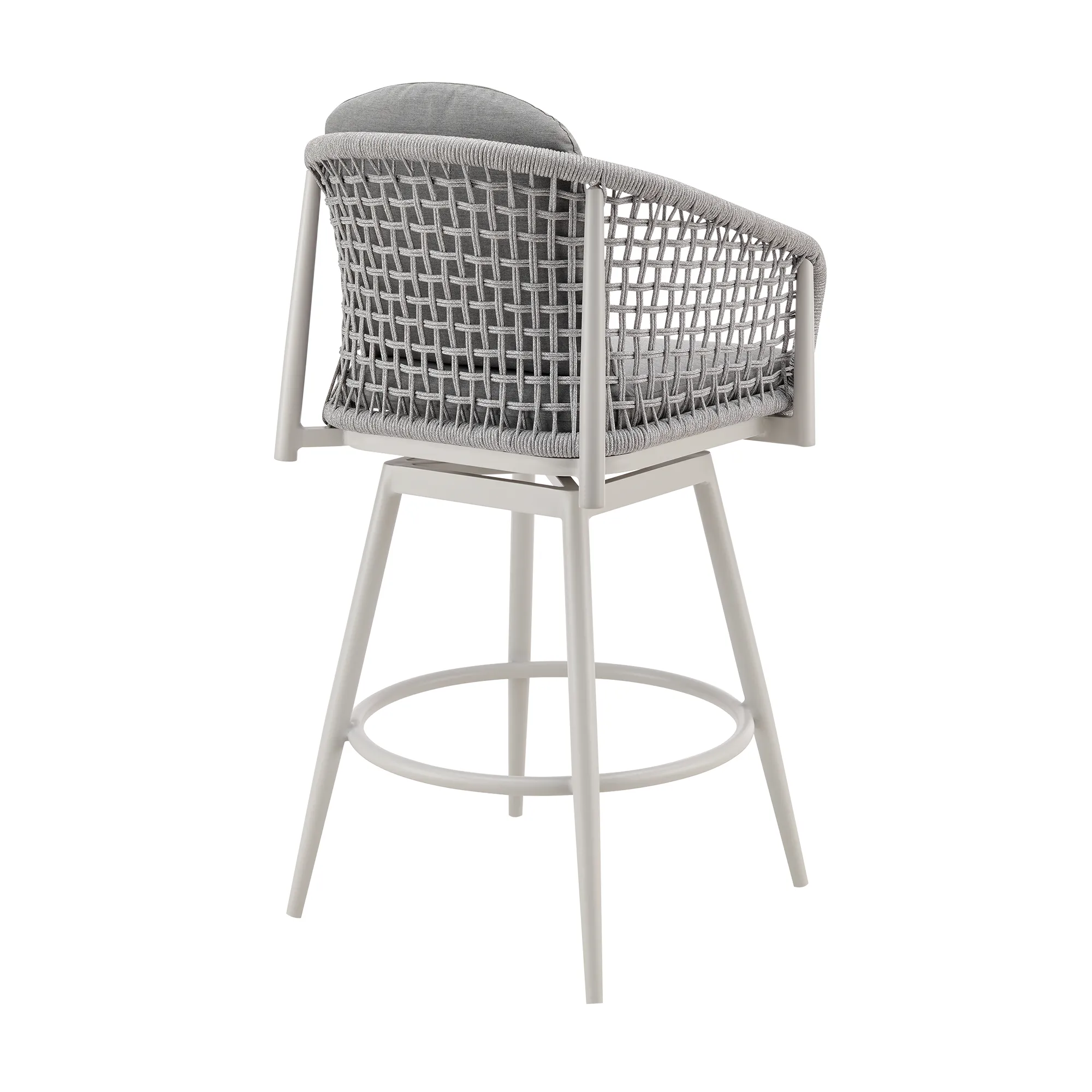 Rhodes Outdoor Patio Swivel Counter Stool in Aluminum with Light Gray Rope and Cushions