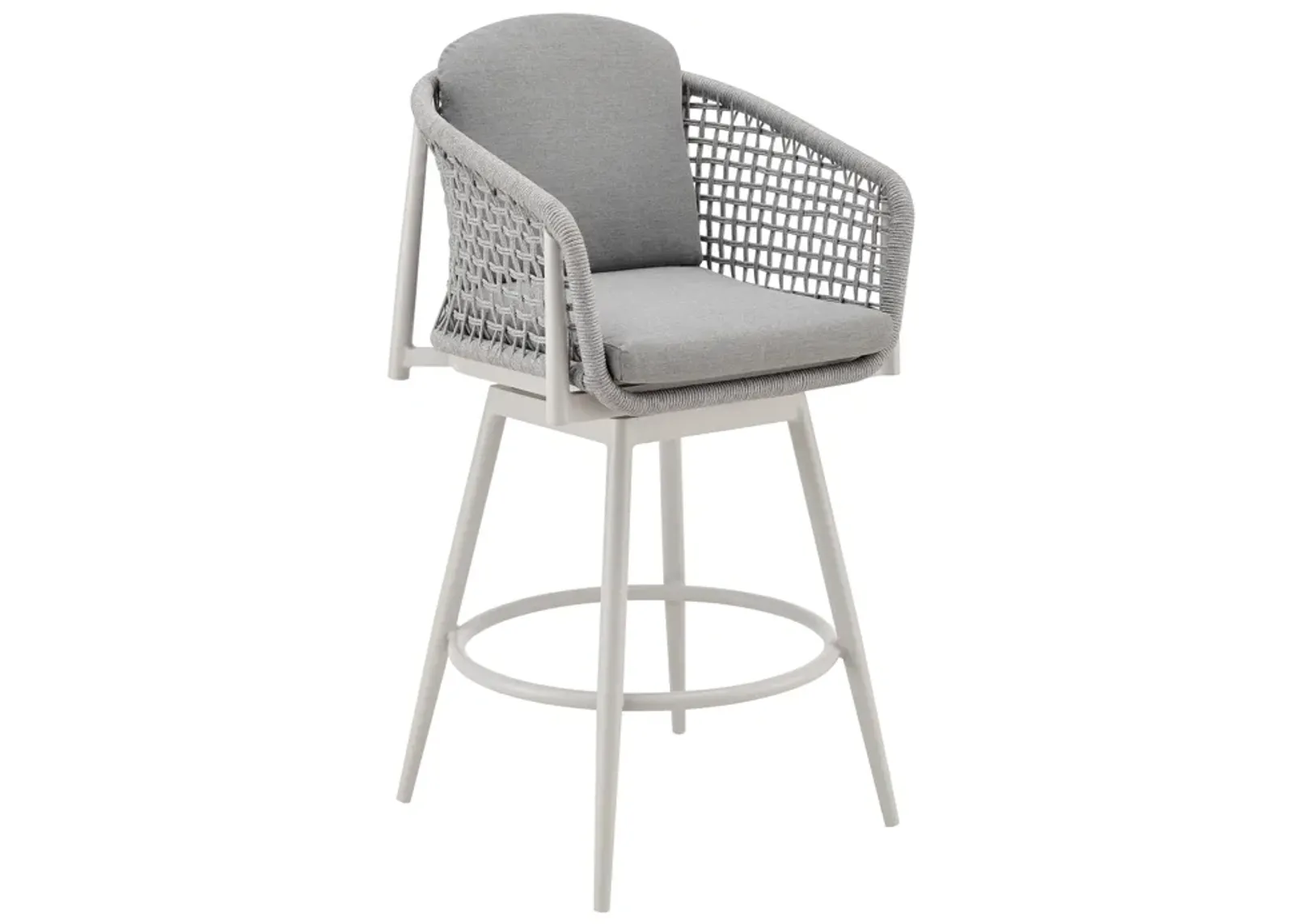 Rhodes Outdoor Patio Swivel Counter Stool in Aluminum with Light Gray Rope and Cushions