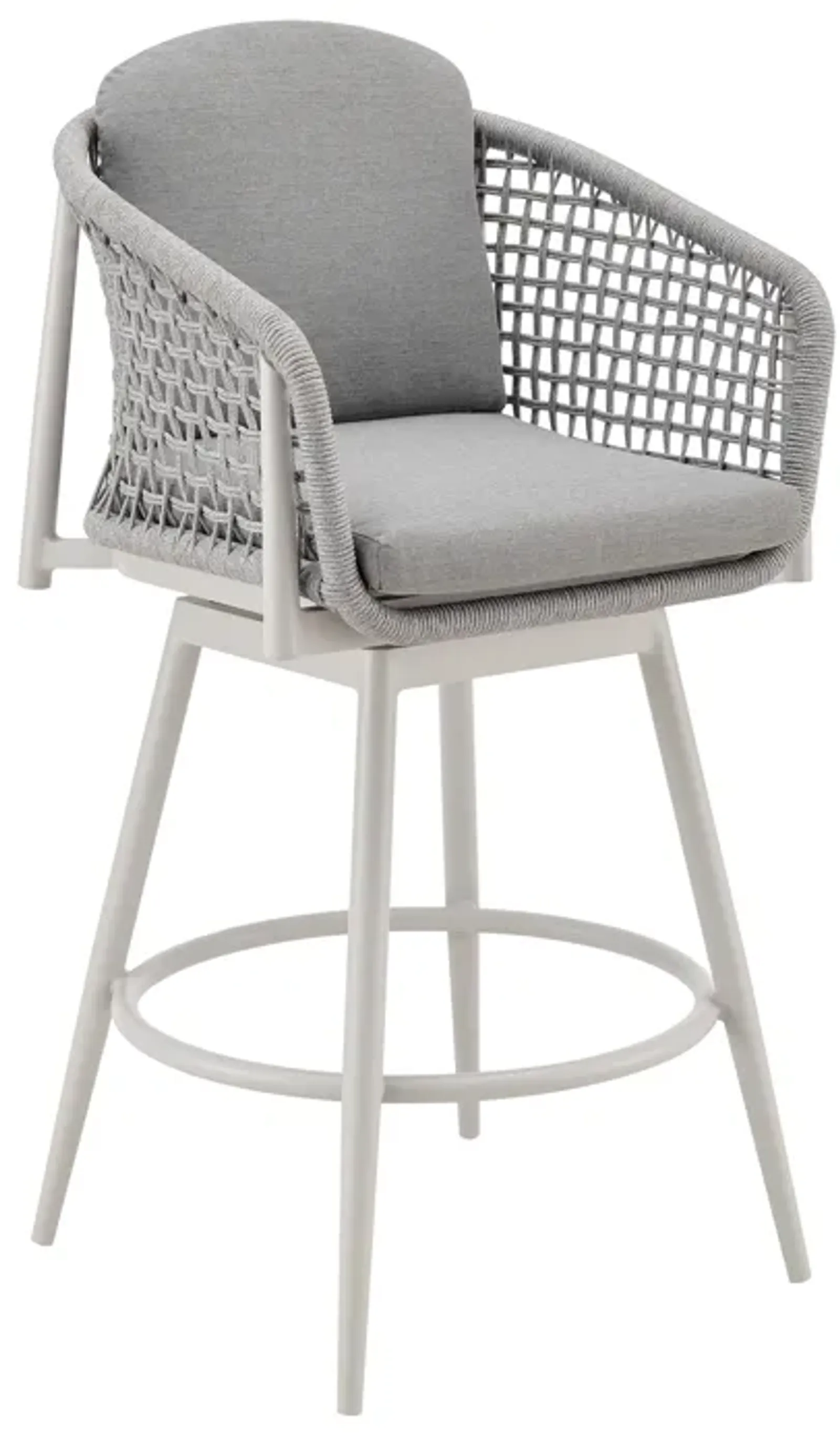 Rhodes Outdoor Patio Swivel Counter Stool in Aluminum with Light Gray Rope and Cushions