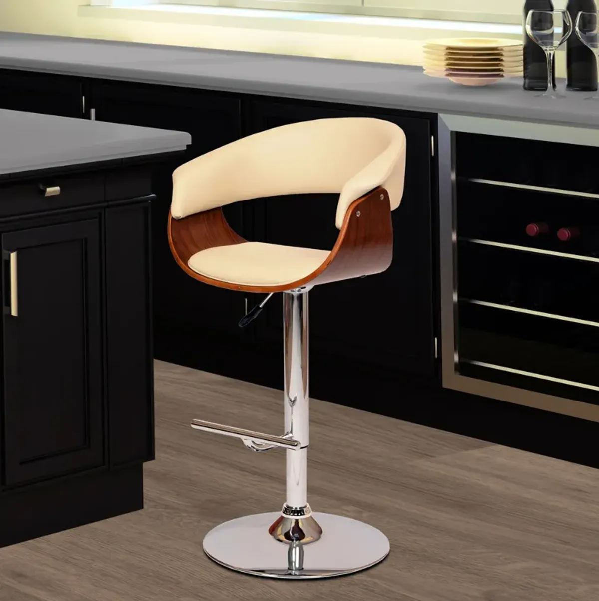 Paris Cream Faux Leather Adjustable Height Swivel Walnut Wood and Chrome Bar Stool