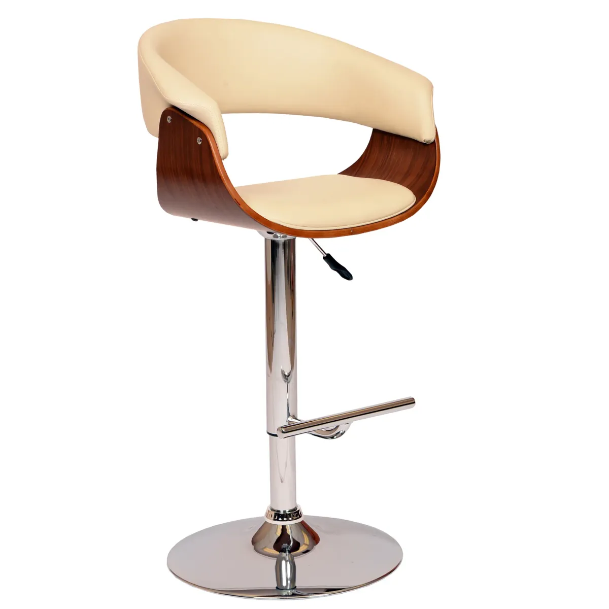 Paris Cream Faux Leather Adjustable Height Swivel Walnut Wood and Chrome Bar Stool