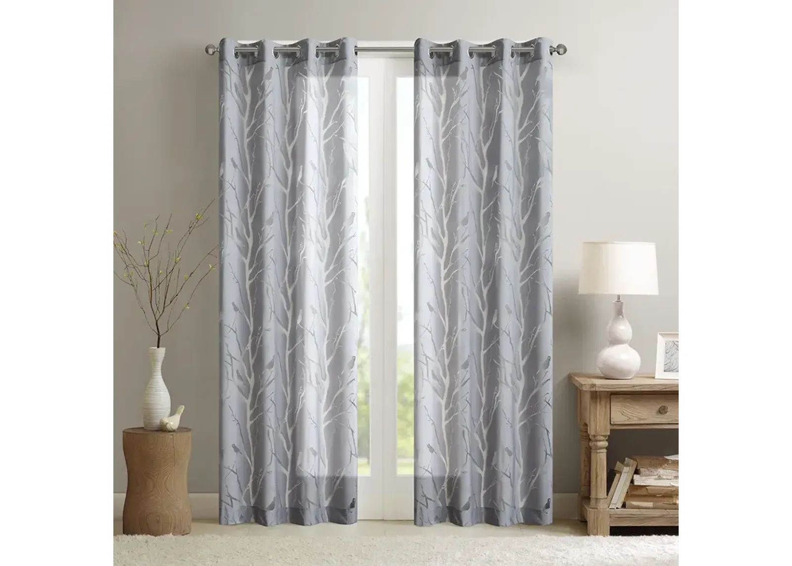 Madison Park Averil Grey Grommet Top Sheer Bird on Branches Burnout Window Curtain