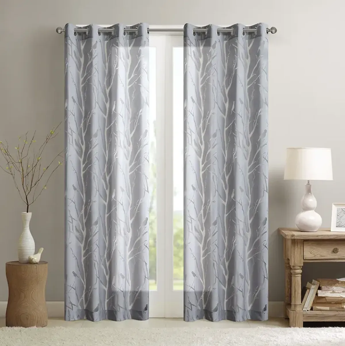 Madison Park Averil Grey Grommet Top Sheer Bird on Branches Burnout Window Curtain