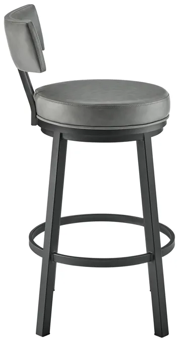 Dalza Swivel Counter or Bar Stool in Black Finish with Gray Faux Leather