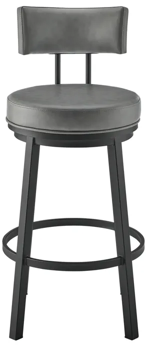 Dalza Swivel Counter or Bar Stool in Black Finish with Gray Faux Leather