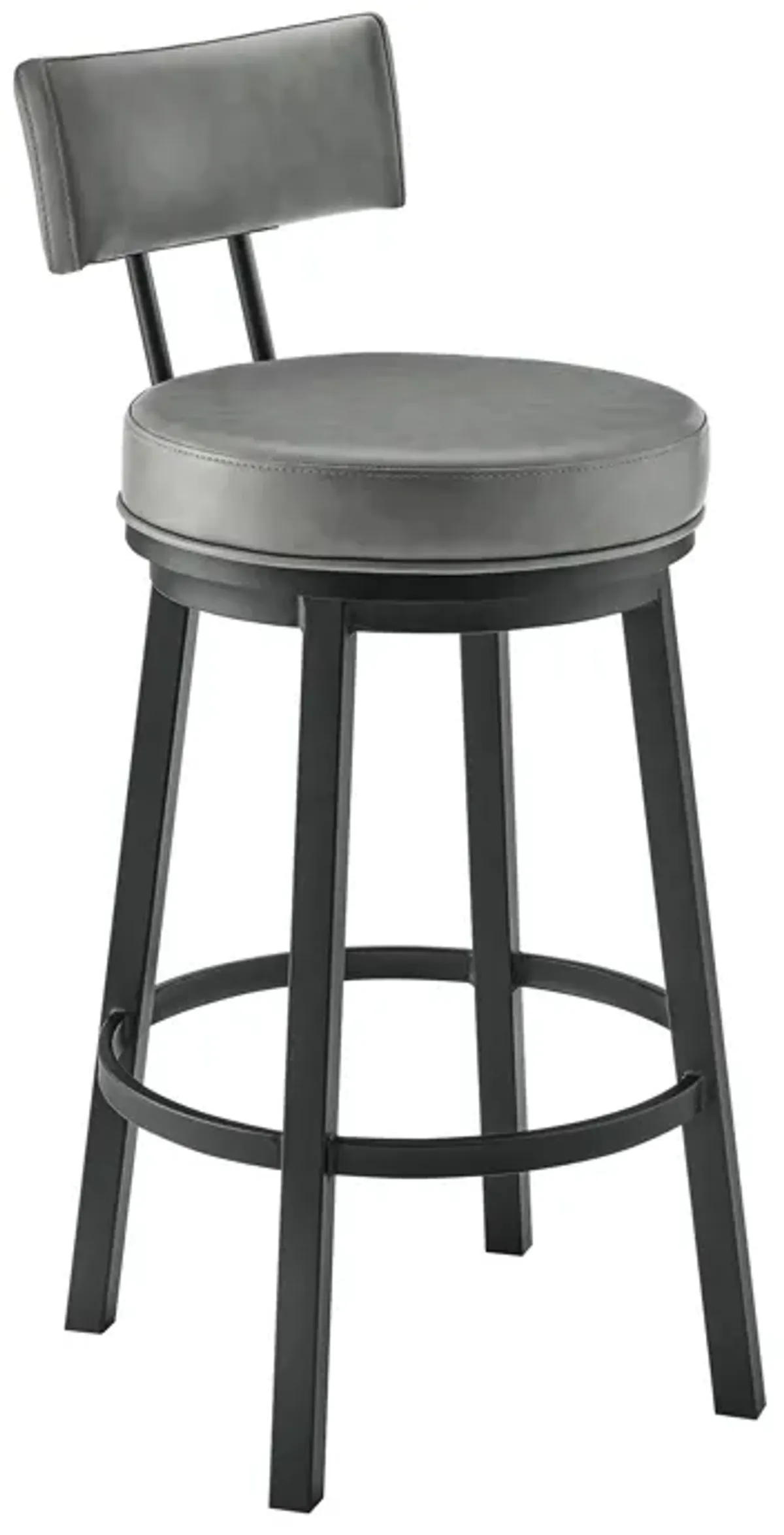 Dalza Swivel Counter or Bar Stool in Black Finish with Gray Faux Leather