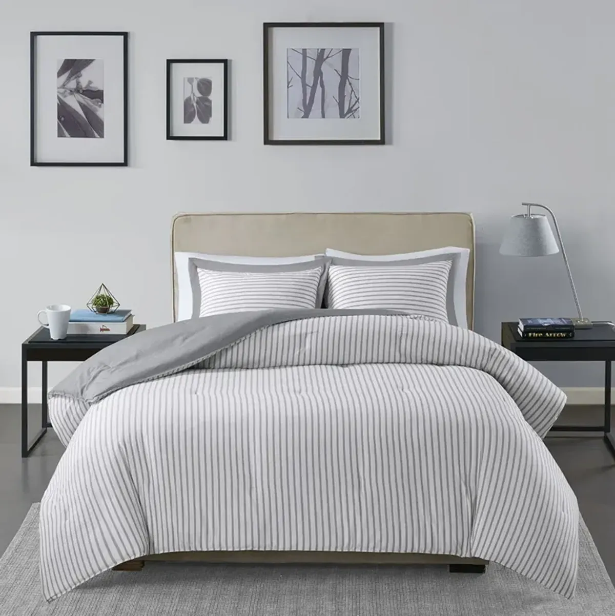 Madison Park Essentials Hayden Grey Reversible Yarn Dyed Stripe Down Alternative Comforter Set