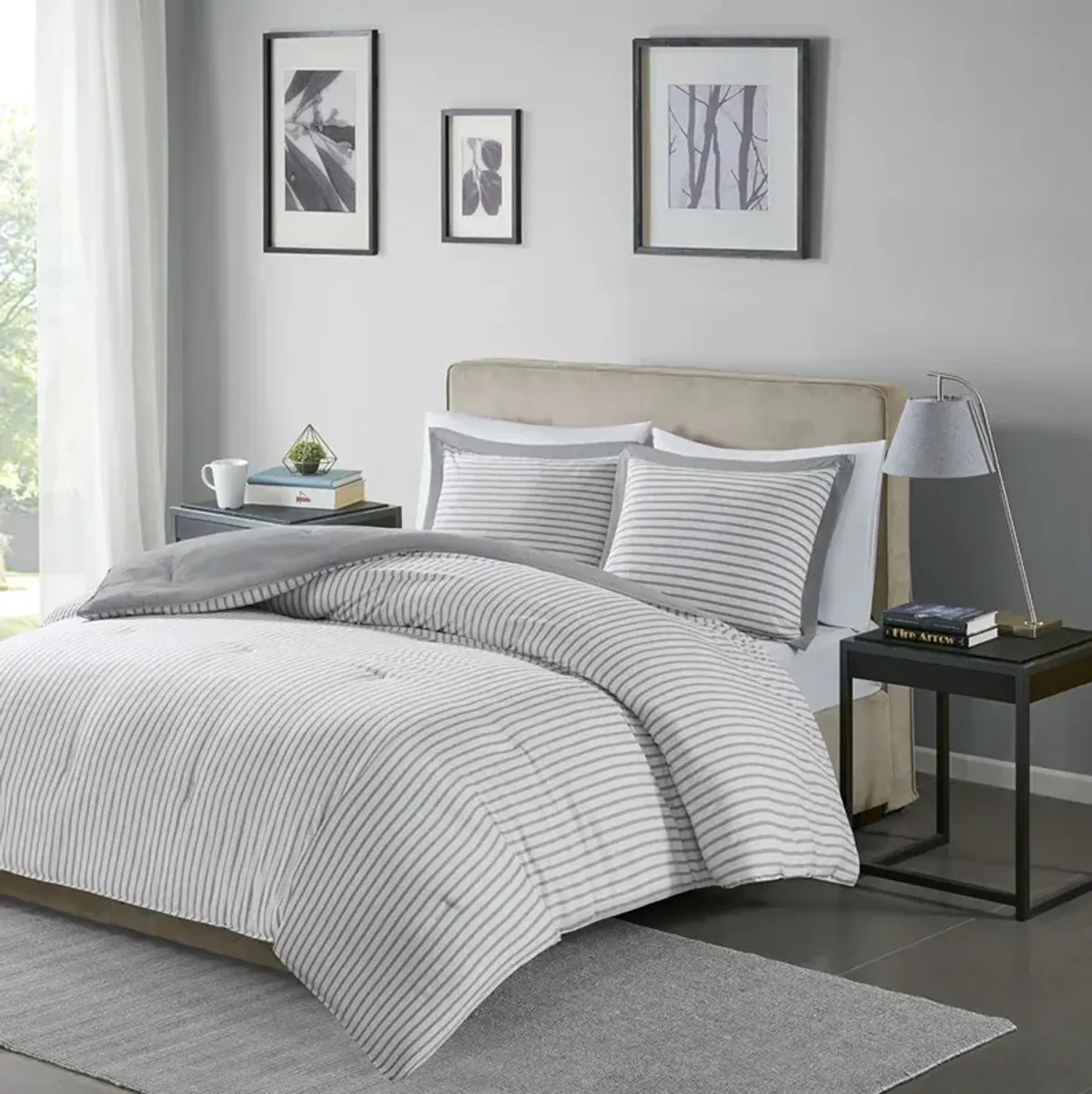 Madison Park Essentials Hayden Grey Reversible Yarn Dyed Stripe Down Alternative Comforter Set