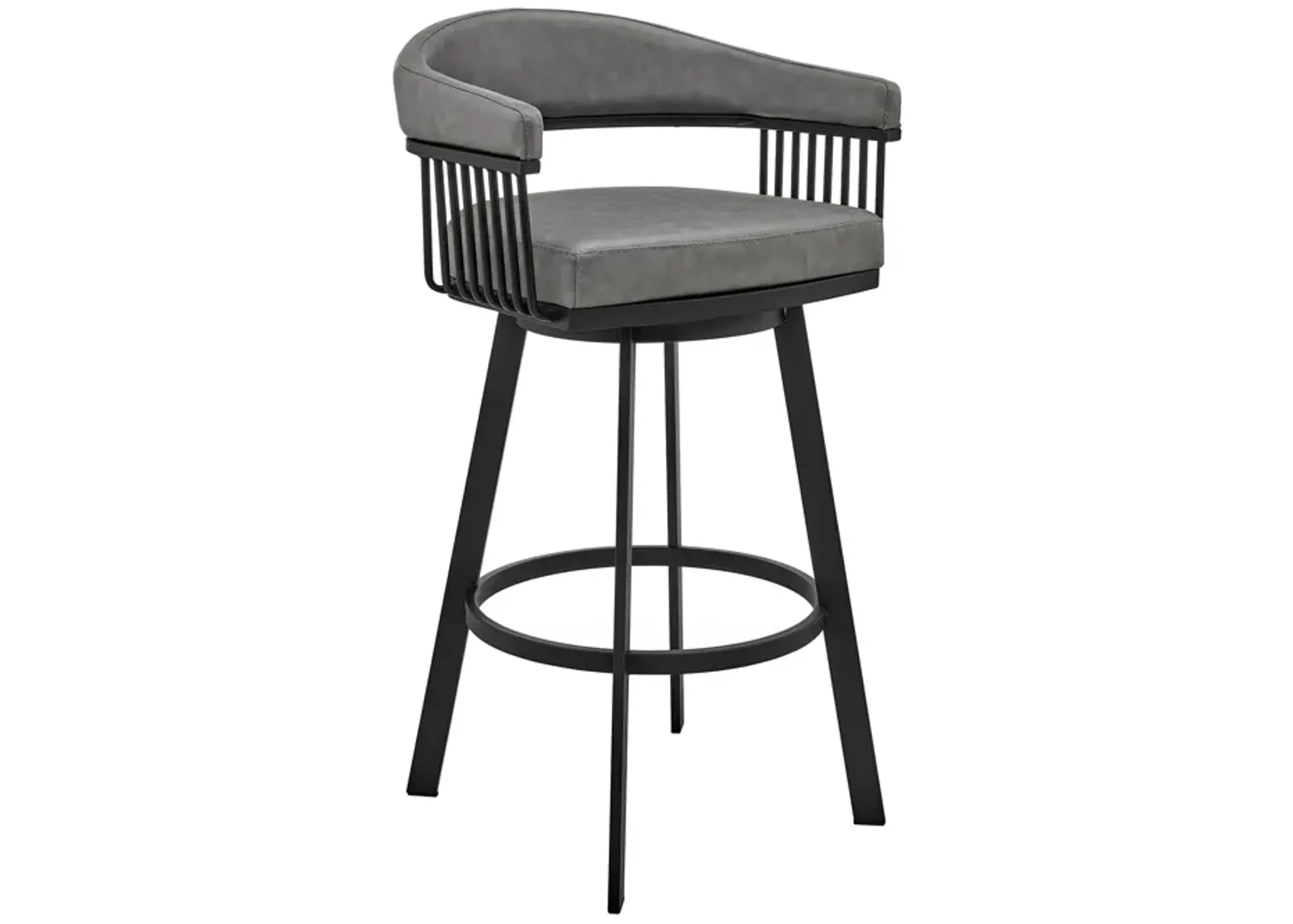 Bronson 29" Bar Height Swivel Bar Stool in Black Finish and Gray Faux Leather