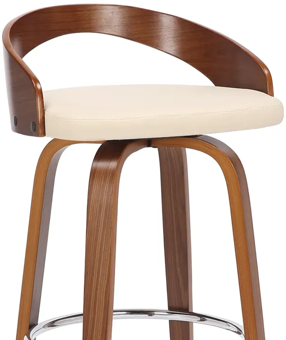 Sonia 30" Bar Height Swivel Cream Faux Leather and Walnut Wood Bar Stool