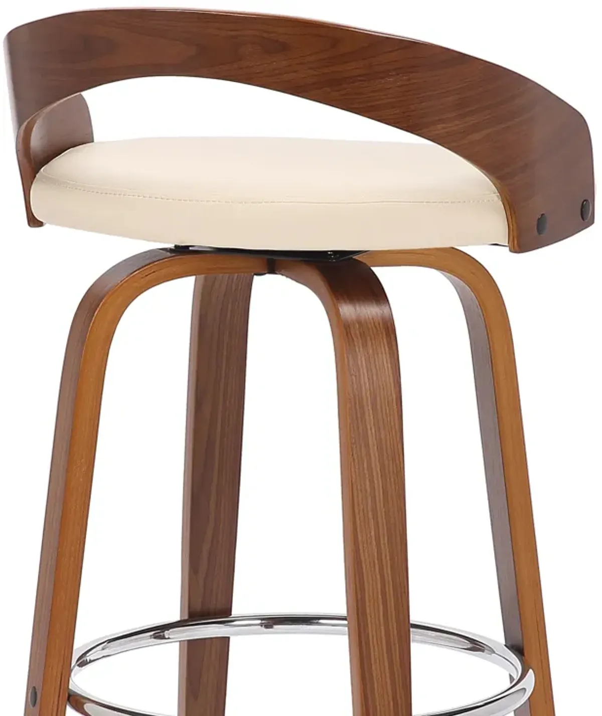 Sonia 30" Bar Height Swivel Cream Faux Leather and Walnut Wood Bar Stool