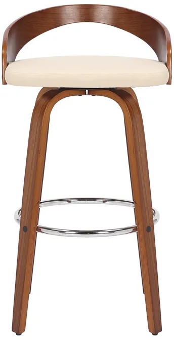 Sonia 30" Bar Height Swivel Cream Faux Leather and Walnut Wood Bar Stool