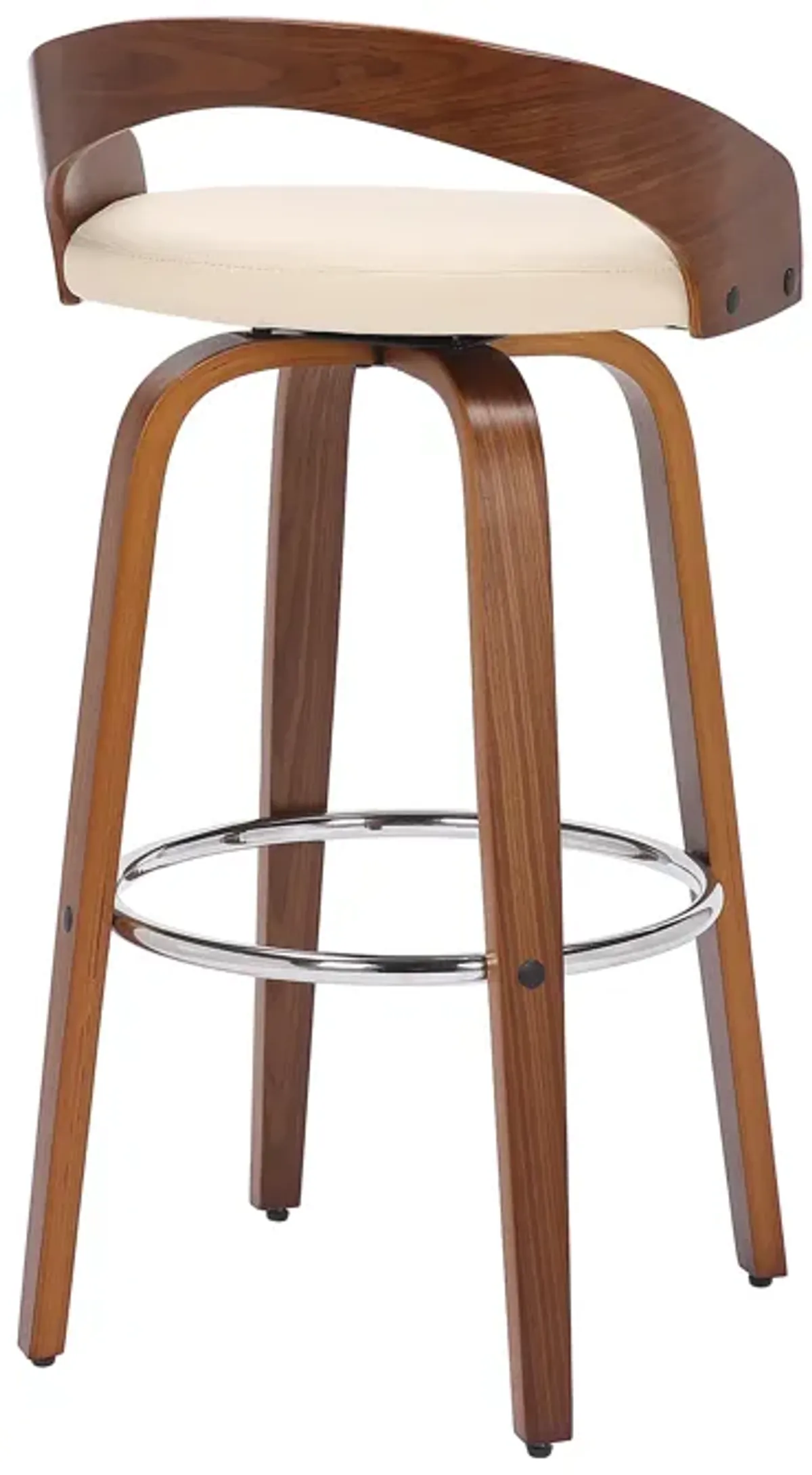 Sonia 30" Bar Height Swivel Cream Faux Leather and Walnut Wood Bar Stool