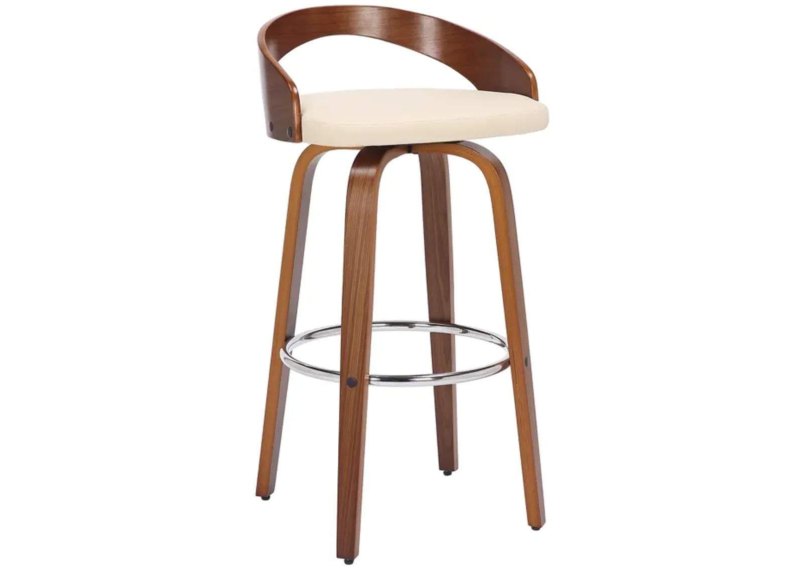 Sonia 30" Bar Height Swivel Cream Faux Leather and Walnut Wood Bar Stool