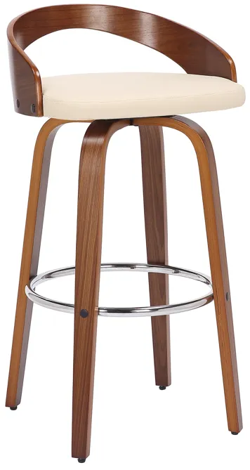 Sonia 30" Bar Height Swivel Cream Faux Leather and Walnut Wood Bar Stool