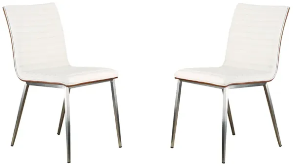 Caf� Brushed Stainless Steel Dining Chair in White Faux Leather with Walnut Back - Set of 2