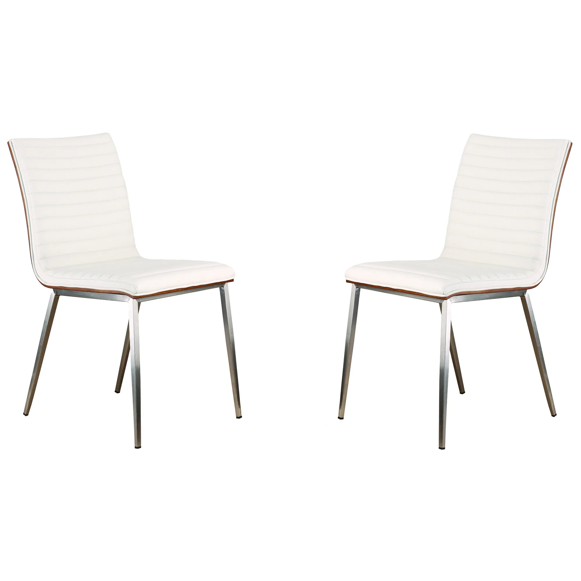 Caf� Brushed Stainless Steel Dining Chair in White Faux Leather with Walnut Back - Set of 2