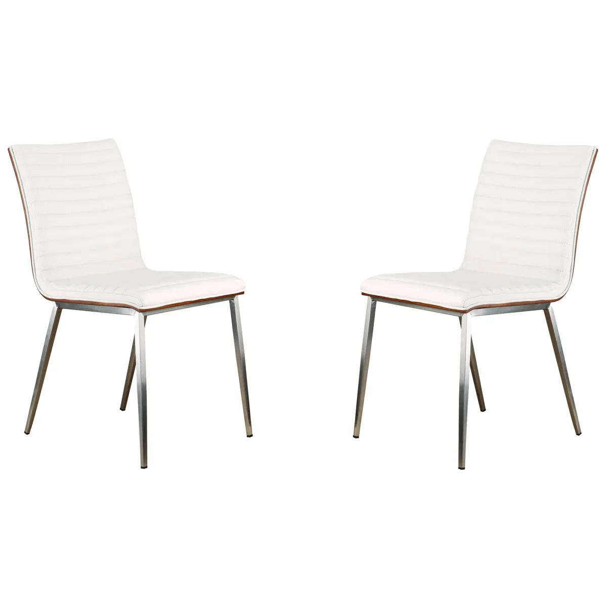 Caf� Brushed Stainless Steel Dining Chair in White Faux Leather with Walnut Back - Set of 2