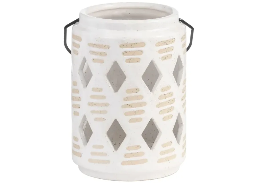 Cer, 6"h Diamond Cut Out Lantern, Ivory