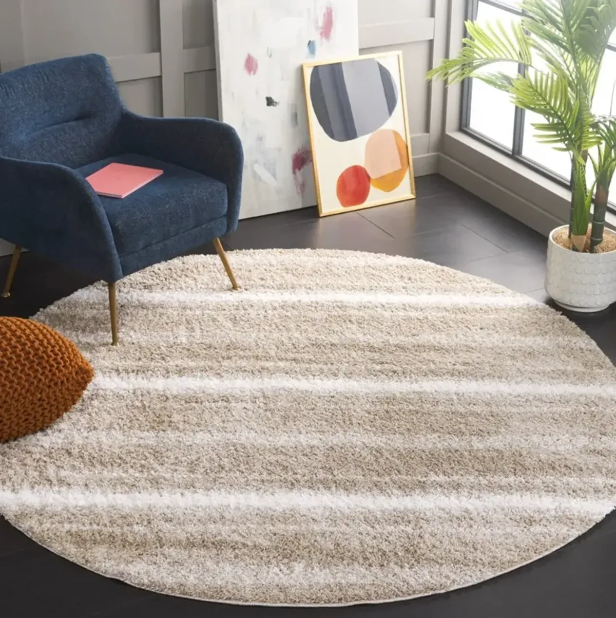 BORDER & STRIPE SHAG 252 Beige 6'-7' X 6'-7' Round Round Rug