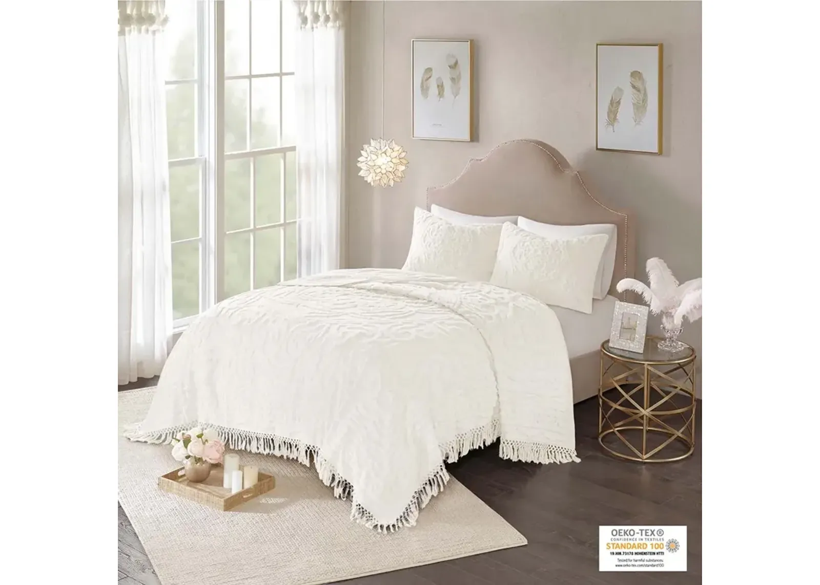 Madison Park Laetitia Off-White Tufted Cotton Chenille Medallion Fringe Coverlet Mini Set