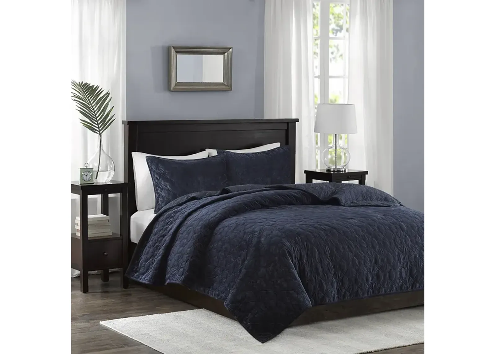 Madison Park Harper Navy 3 Piece Velvet Quilt Set