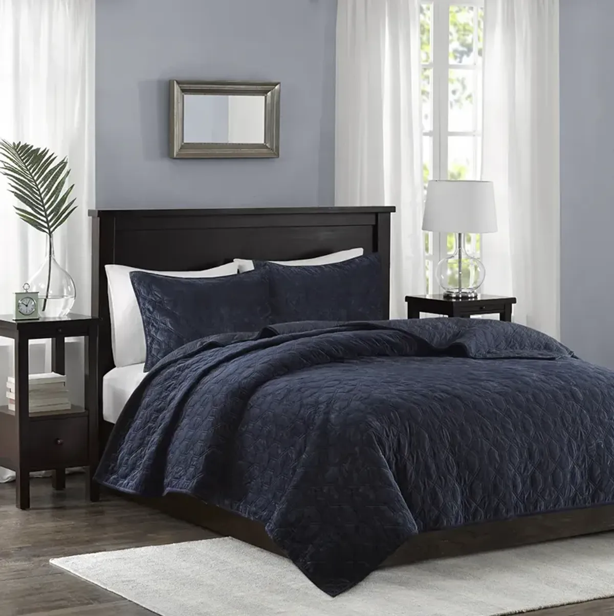 Madison Park Harper Navy 3 Piece Velvet Quilt Set