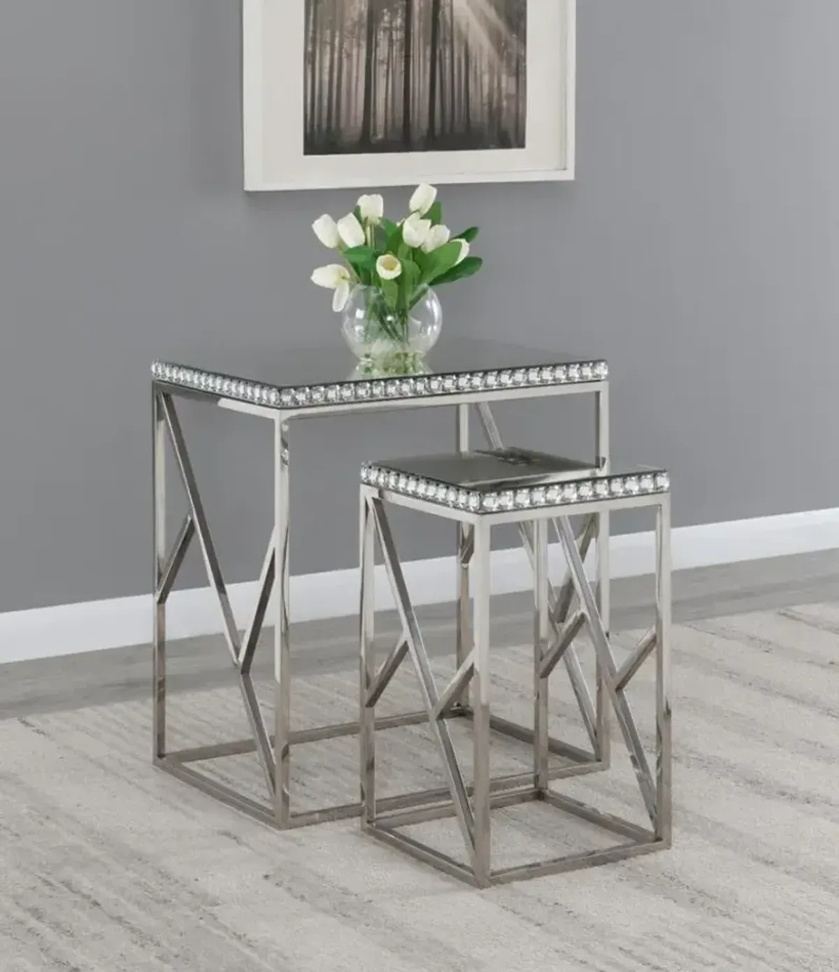 Betsy 2-piece Mirror Top Nesting Tables Silver