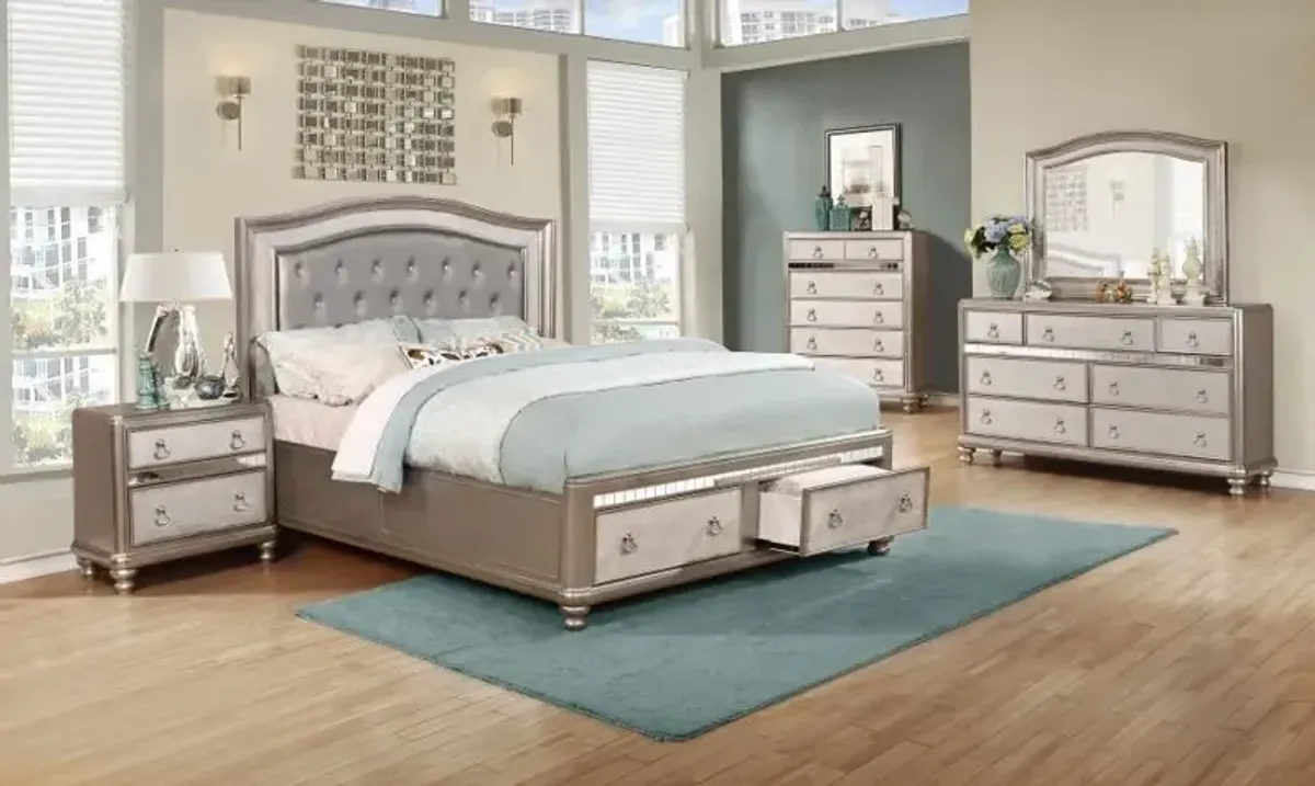 Bling Game Upholstered Storage Eastern King Bed Metallic Platinum