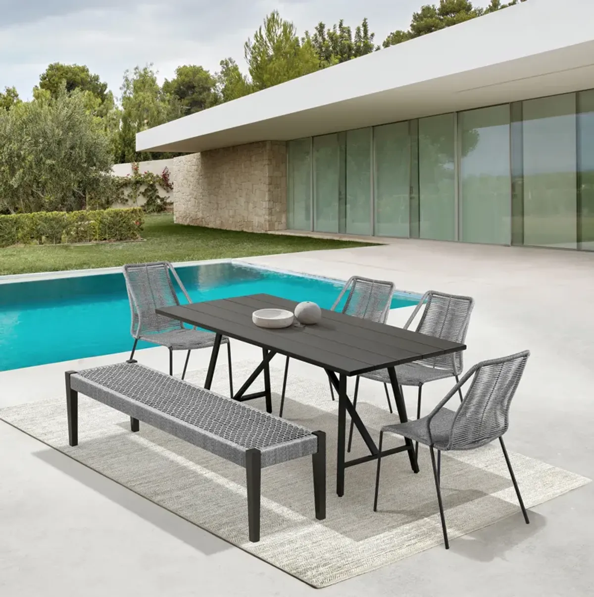 Koala Clip and Camino 6 Piece Outdoor Dining Set in Dark Eucalyptus with Gray Rope