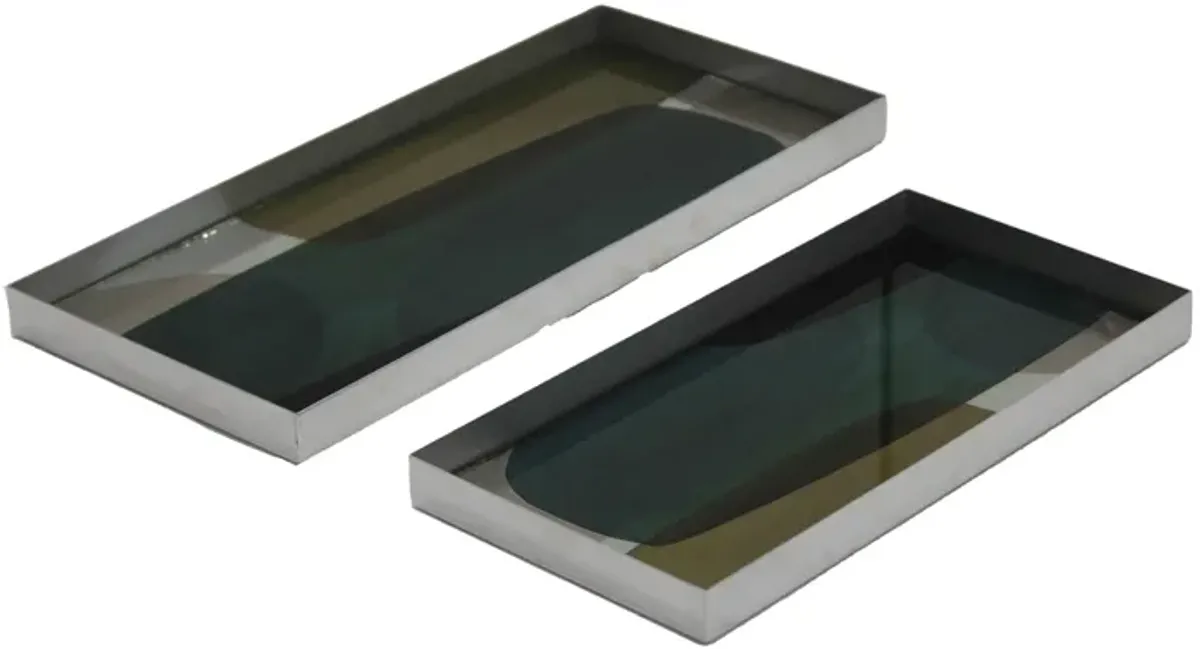 S/2 16/20"l, Metal/glass Tray, Nickel/multi