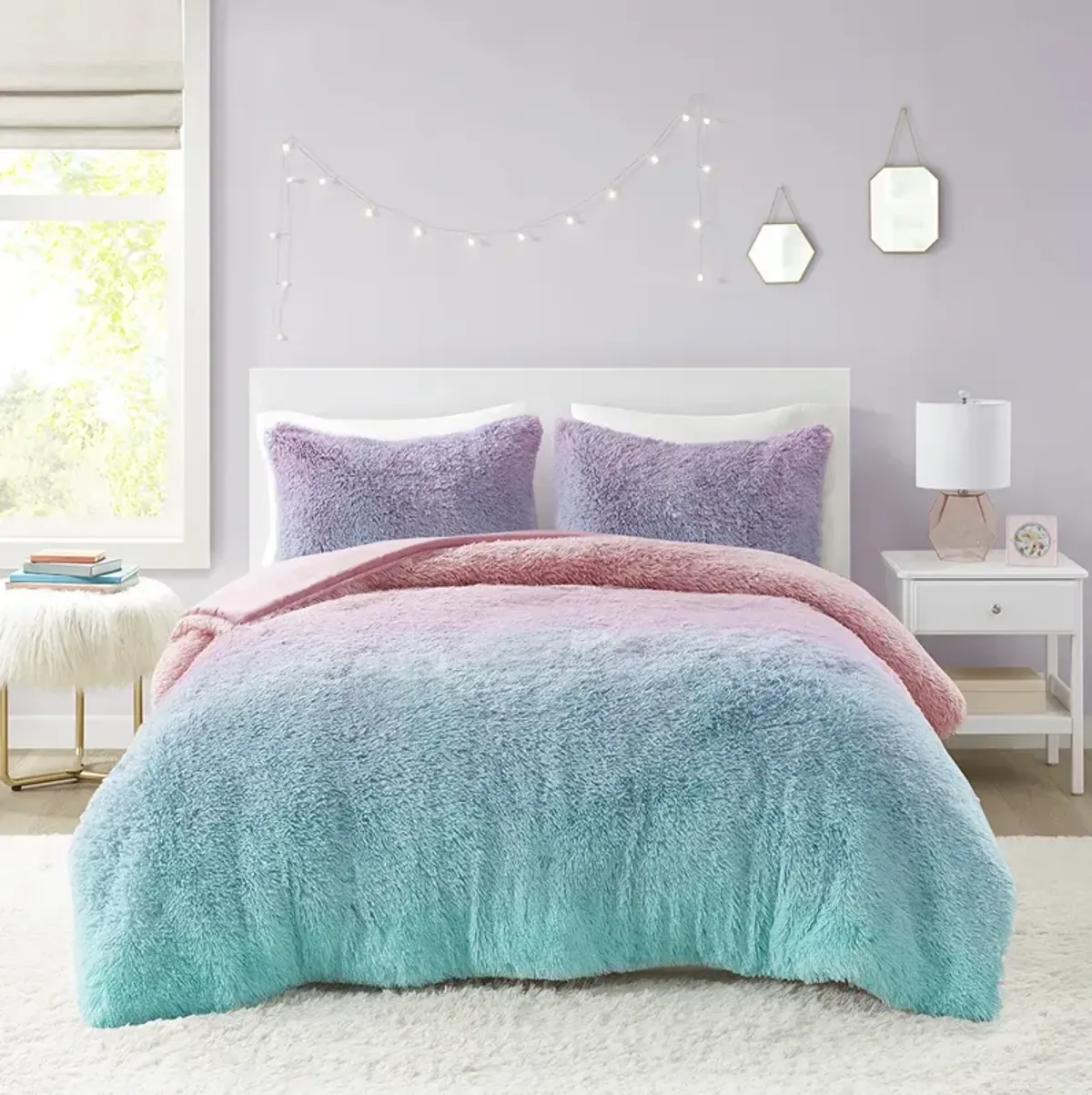 Mi Zone Primrose Purple Multi Ombre Shaggy Faux Fur Comforter Set