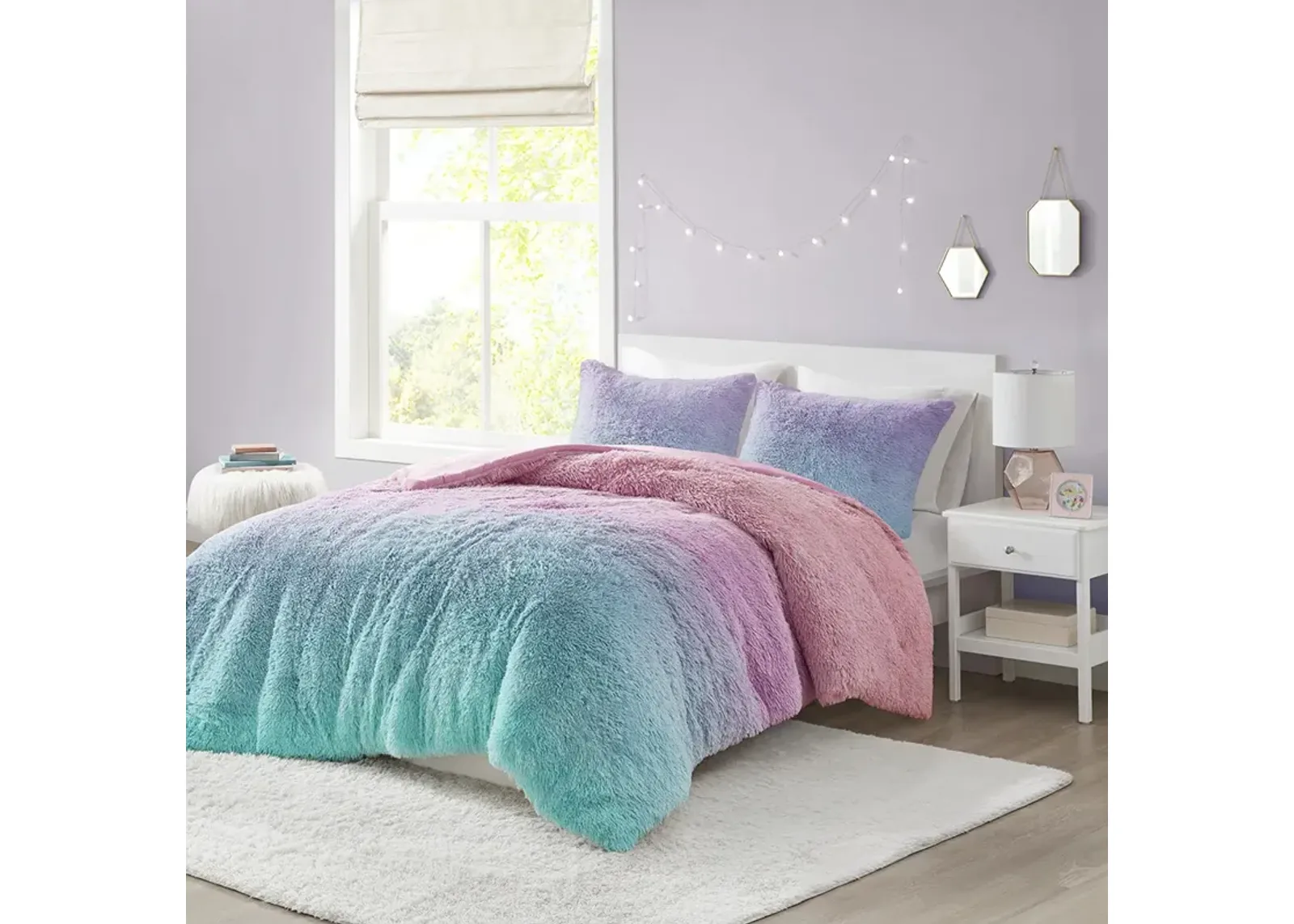 Mi Zone Primrose Purple Multi Ombre Shaggy Faux Fur Comforter Set