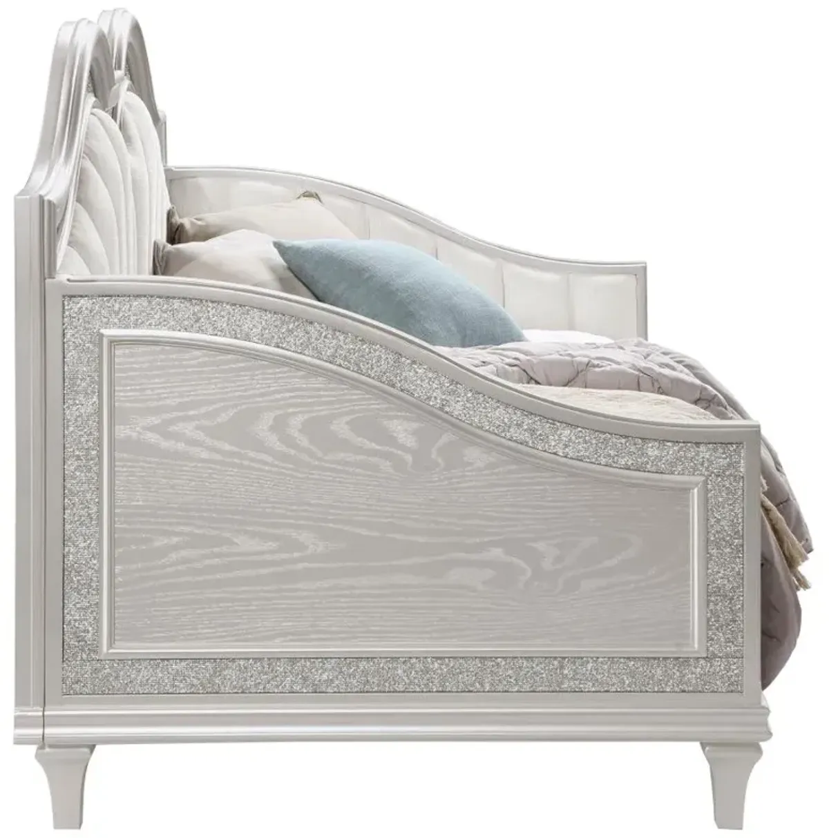 Evangeline Upholstered Twin Daybed with Faux Diamond Trim Silver and Ivory