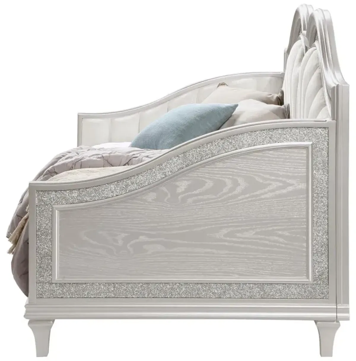 Evangeline Upholstered Twin Daybed with Faux Diamond Trim Silver and Ivory