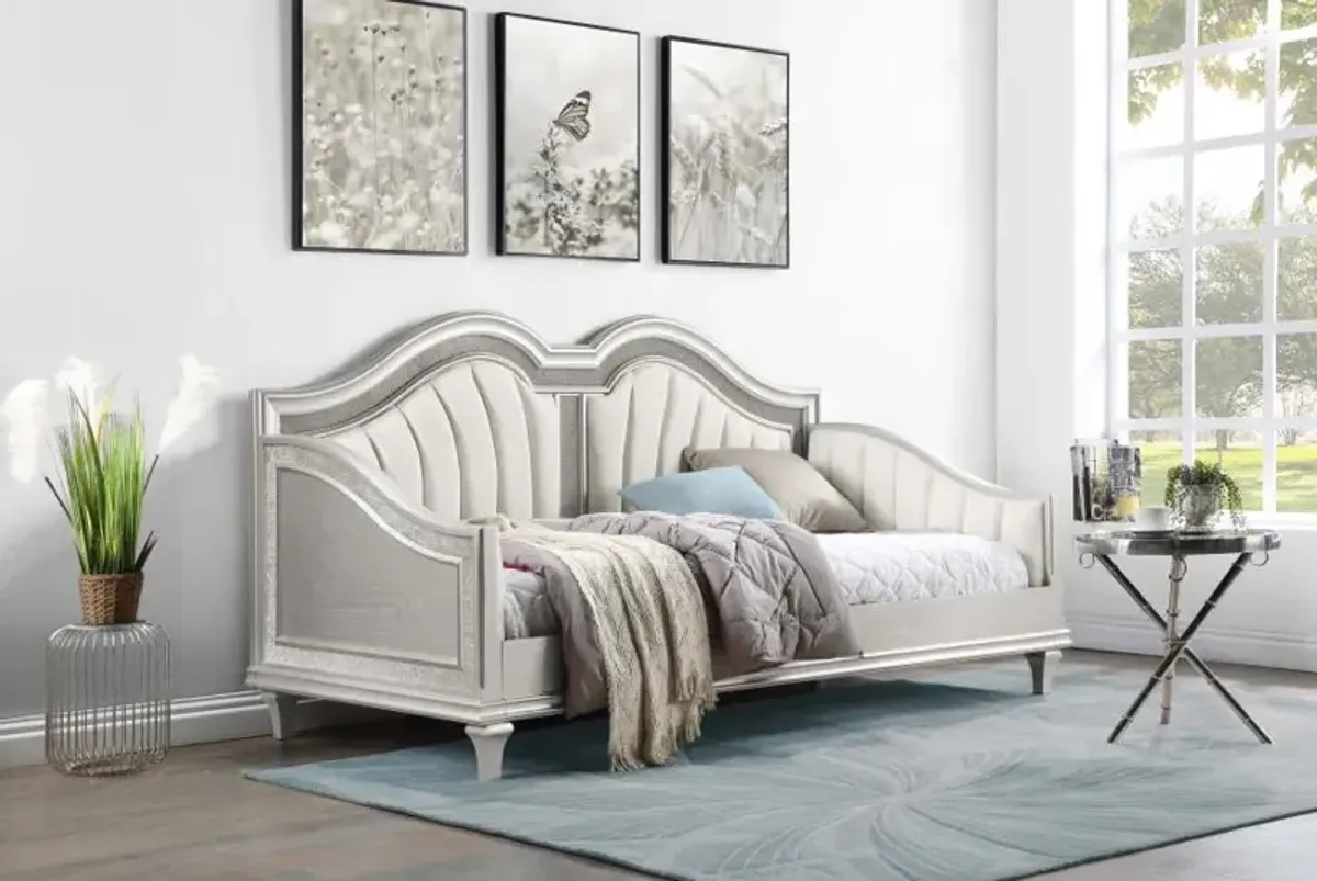 Evangeline Upholstered Twin Daybed with Faux Diamond Trim Silver and Ivory