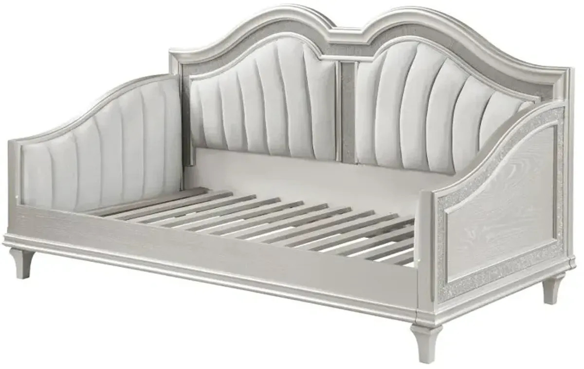 Evangeline Upholstered Twin Daybed with Faux Diamond Trim Silver and Ivory