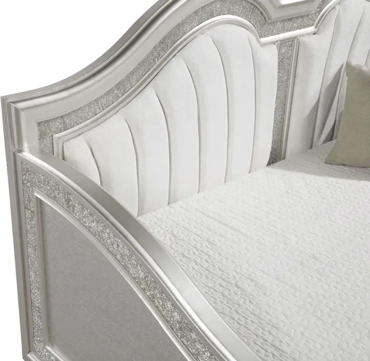 Evangeline Upholstered Twin Daybed with Faux Diamond Trim Silver and Ivory