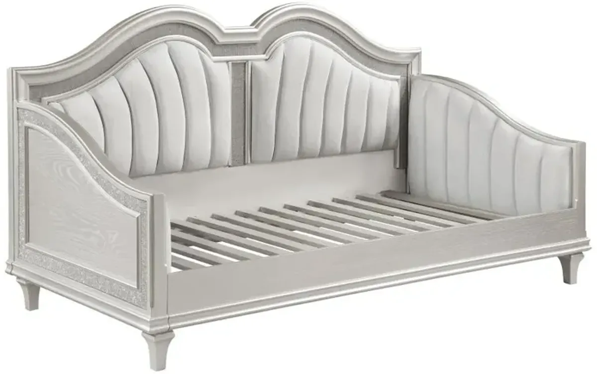 Evangeline Upholstered Twin Daybed with Faux Diamond Trim Silver and Ivory