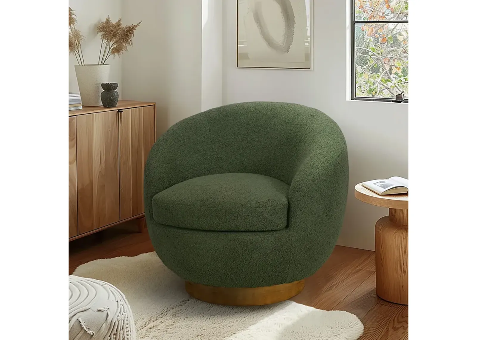 Shearling Sherpa Swivel Chair with Wood Base