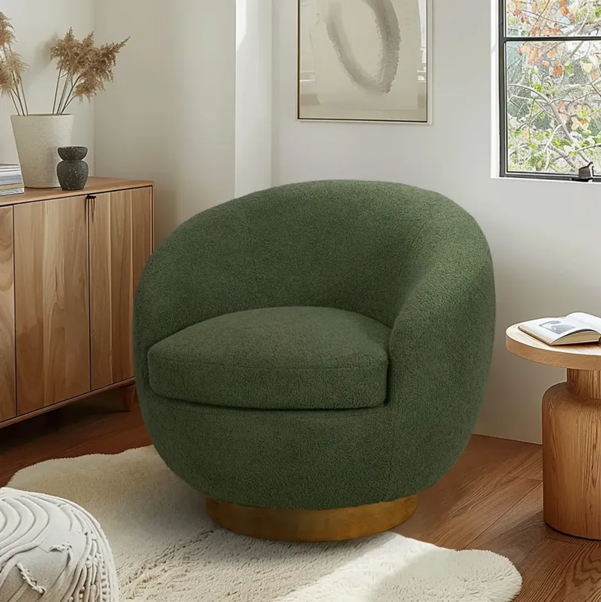 Shearling Sherpa Swivel Chair with Wood Base