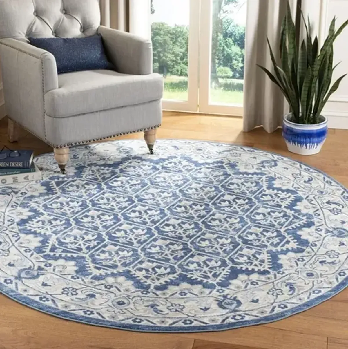 Brentwood 869 Navy / Light Grey 5' X 5' Round Round Powerloomed Rug