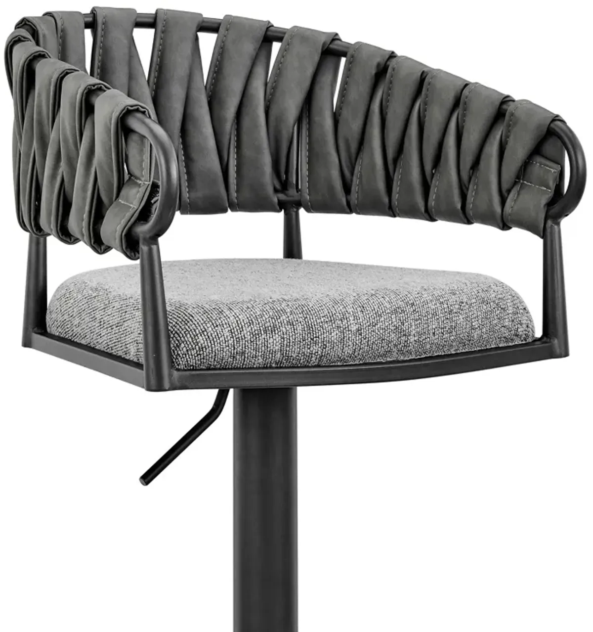 Blaise Adjustable Swivel Counter or Bar Stool in Black Metal with Gray Fabric and Faux Leather