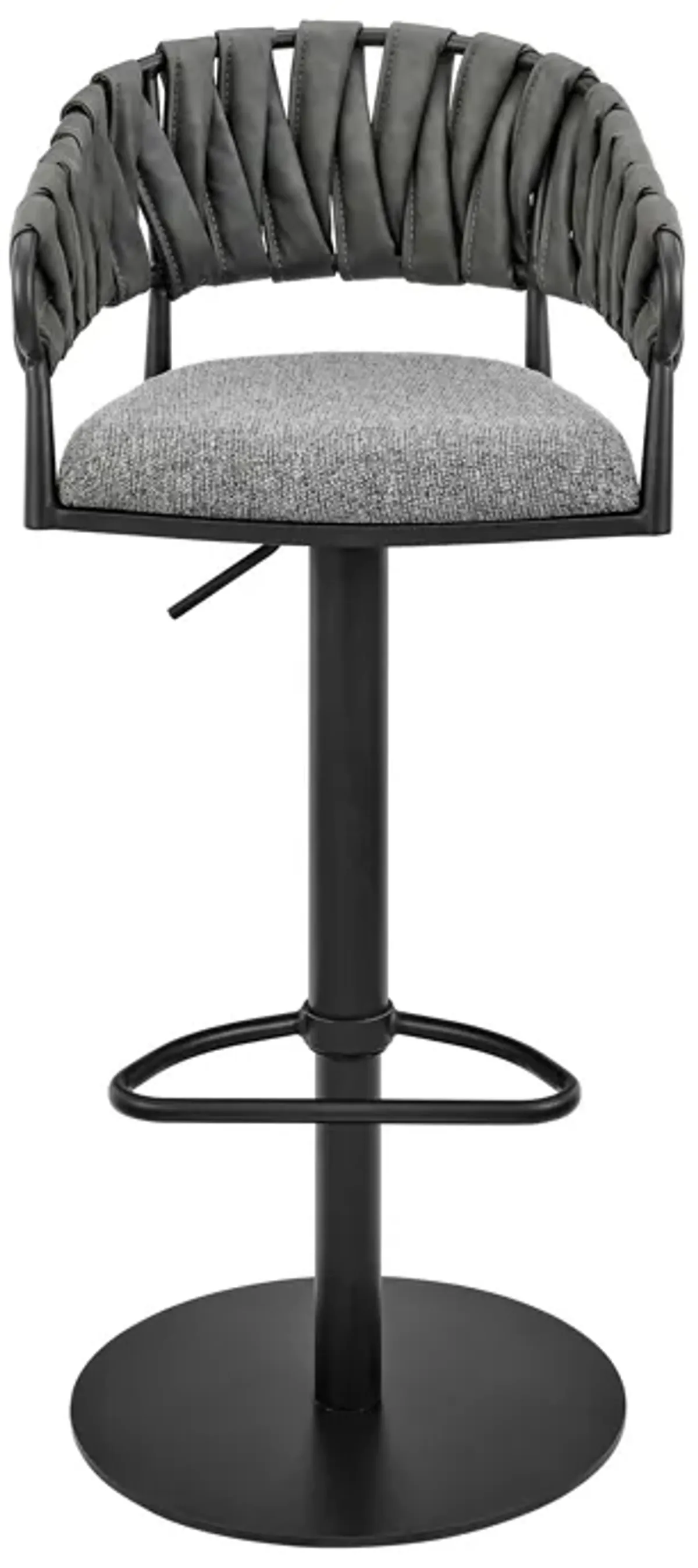 Blaise Adjustable Swivel Counter or Bar Stool in Black Metal with Gray Fabric and Faux Leather