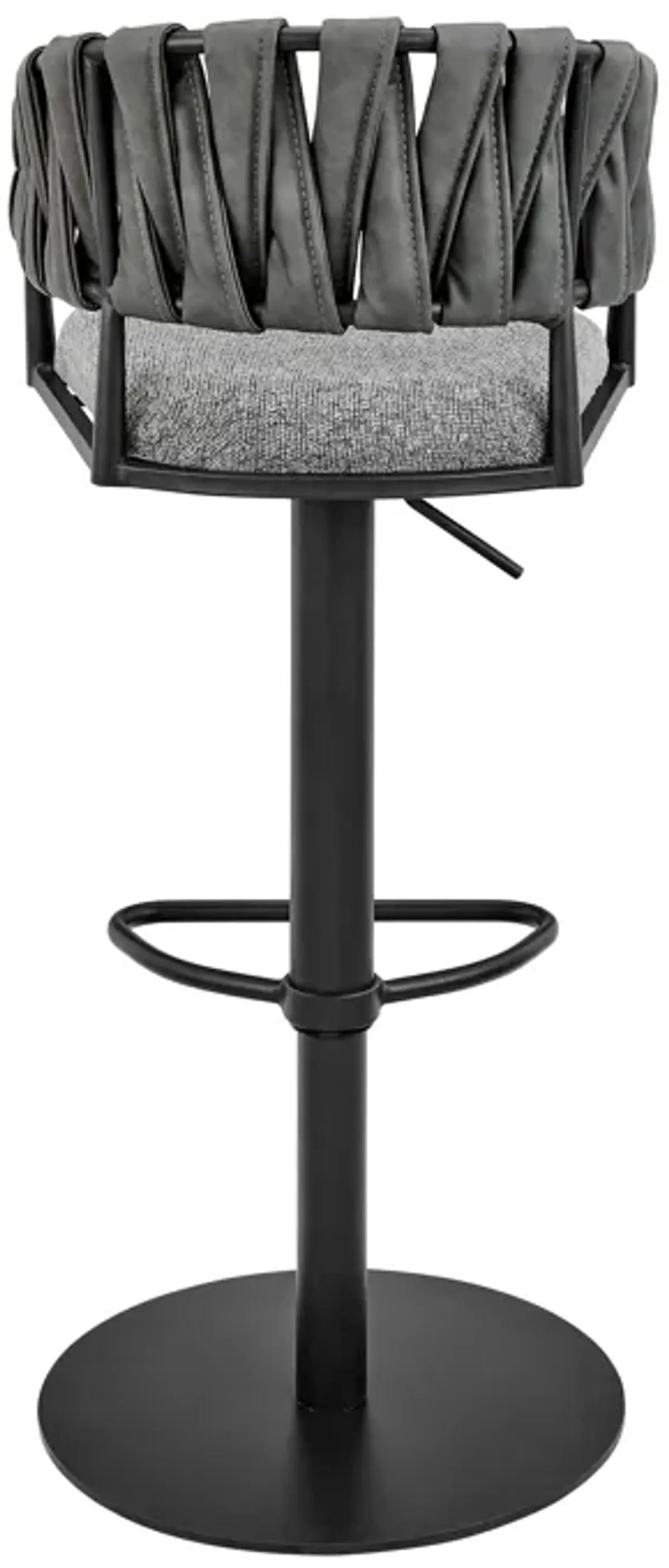 Blaise Adjustable Swivel Counter or Bar Stool in Black Metal with Gray Fabric and Faux Leather