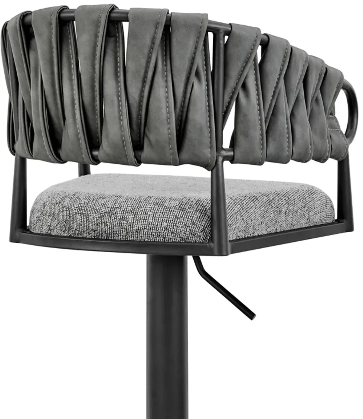 Blaise Adjustable Swivel Counter or Bar Stool in Black Metal with Gray Fabric and Faux Leather