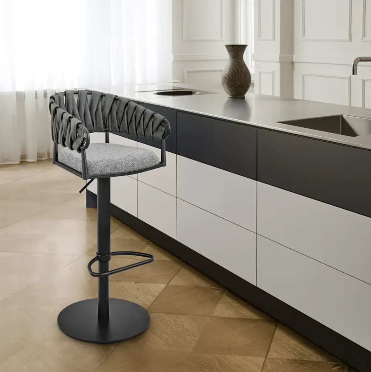 Blaise Adjustable Swivel Counter or Bar Stool in Black Metal with Gray Fabric and Faux Leather