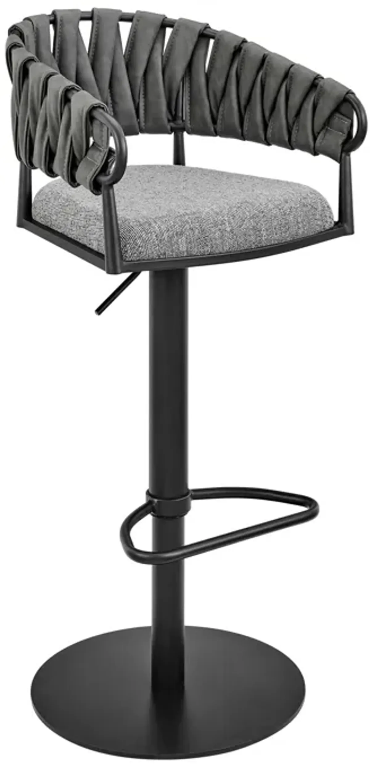 Blaise Adjustable Swivel Counter or Bar Stool in Black Metal with Gray Fabric and Faux Leather