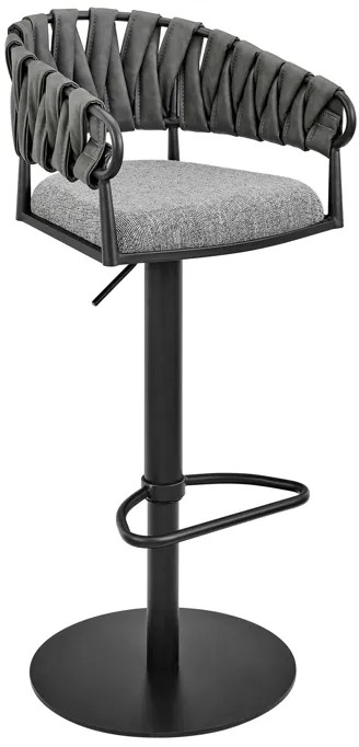 Blaise Adjustable Swivel Counter or Bar Stool in Black Metal with Gray Fabric and Faux Leather