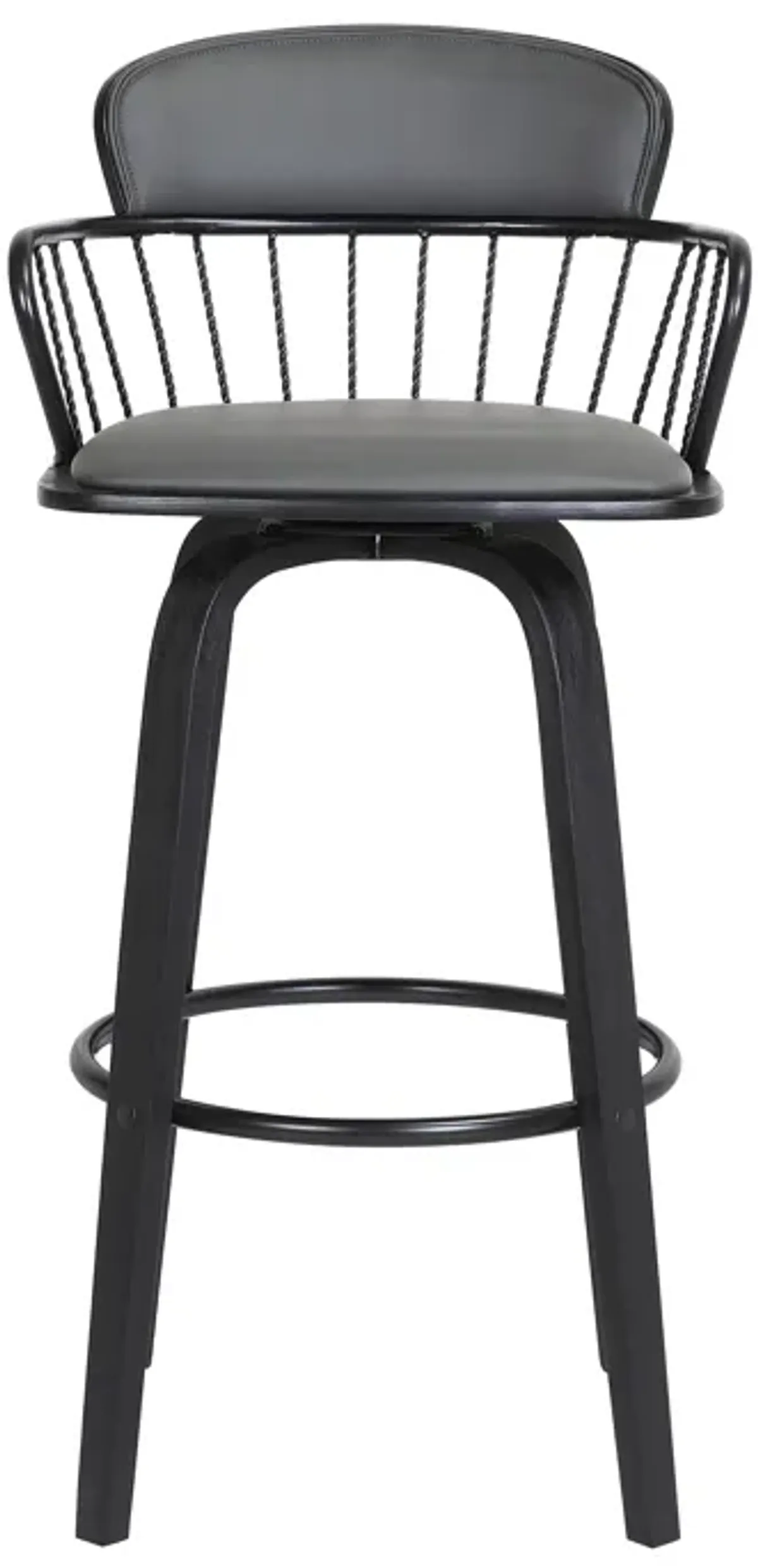 Willow 30" Swivel Black Wood Bar Stool in Gray Faux Leather with Black Metal